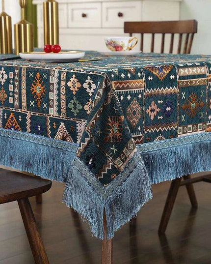Bohemian Chic Embroidered Table Cover with Trendy Tassels