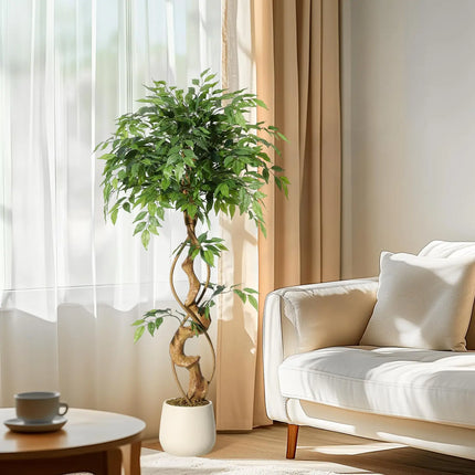 Ficus Tree Artificial, Artificial Plants Indoor In Sturdy White Pot,In