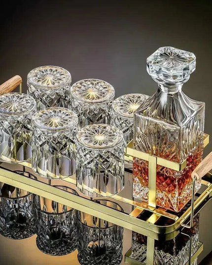 Artisan Crystal Wine and Whiskey Glass Set with Stylish Display Rack