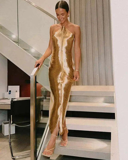 Glistening Metallic Halter Bodycon Mini Dress - Chic Backless Party Ensemble