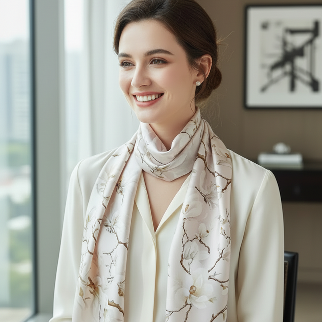 Elegant Print Silk Square Scarf – 53 x 53 cm, Beige
