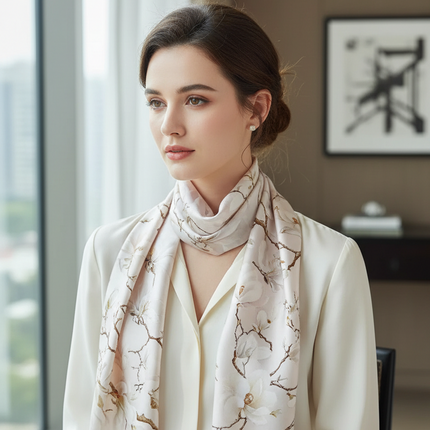 Elegant Print Silk Square Scarf – 53 x 53 cm, Beige