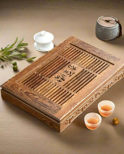 Luxurious Rosewood Tea Serving Tray with Convenient Storage Drawer - Stylish Wooden Table for Home Use