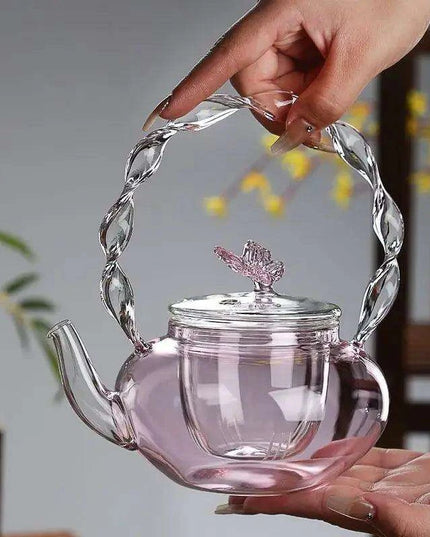 Elegant 700ML Pink Butterfly Glass Teapot for Electric Stoves