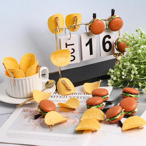 5-Piece Fun Food-Themed DIY Hairpins Set - Cute Hamburger, Chips & Cookie Designs for Kids