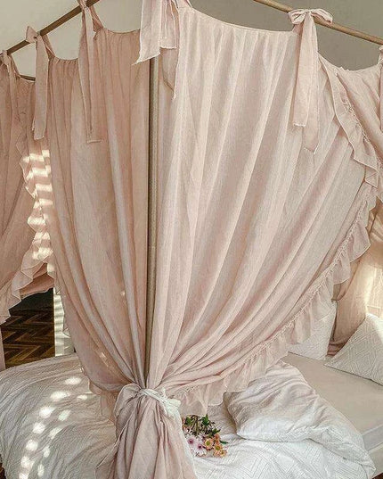 Sheer Linen Canopy Bed Curtains with Ruffled Detailing and Easy Setup