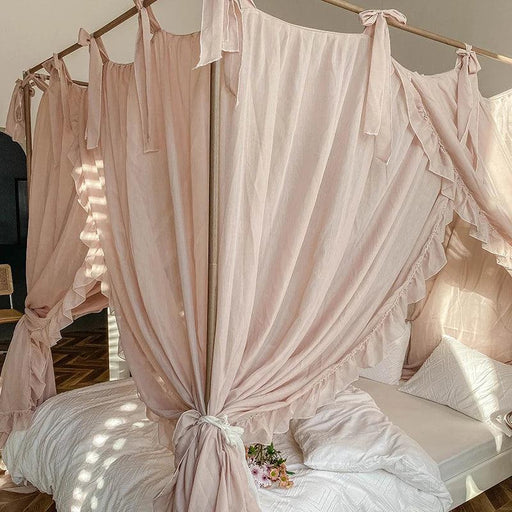 Sheer Linen Canopy Bed Curtains with Ruffled Detailing and Easy Setup