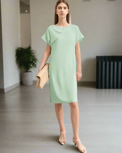 Asymmetrical Summer Chiffon Dress with Pleated Neckline and Breezy Short Sleeves