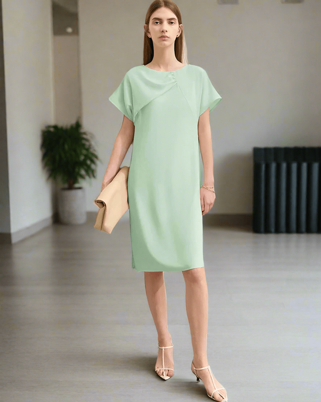 Asymmetrical Summer Chiffon Dress with Pleated Neckline and Breezy Short Sleeves
