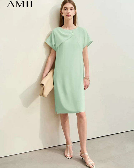 Asymmetrical Summer Chiffon Dress with Pleated Neckline and Breezy Short Sleeves