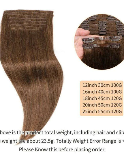 Invisible Seamless Clip-In Human Hair Extensions - 8 Piece Set, 100G/120G, 12-22 Inch Lengths
