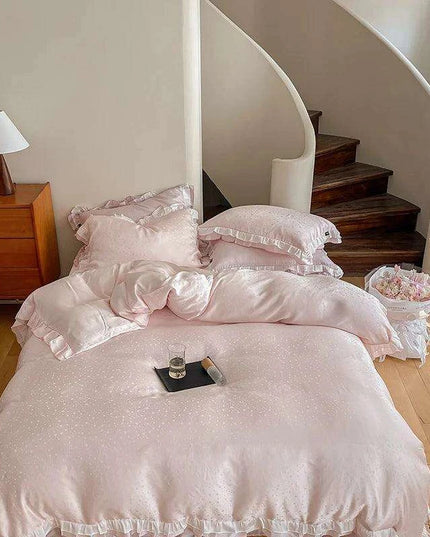 Luxurious Blush Lyocell Silky Princess Bedding Ensemble with Jacquard Ruffles - Duvet Cover, Flat Sheet, Fitted Sheet, and Pillowcases