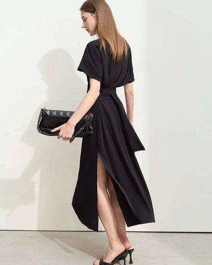 Chic Minimalist V-Neck Pleated Summer Dress with Lace-Up Detail for Women