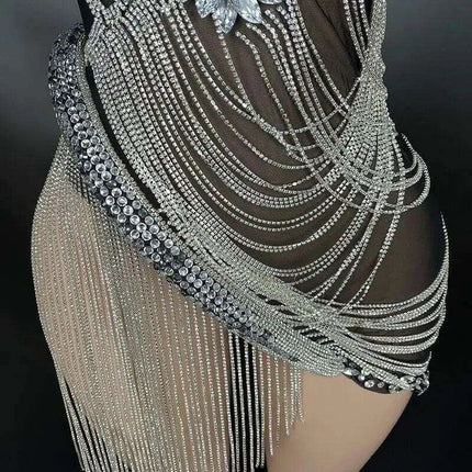 Sparkling Black Rhinestone Mini Dress with Playful Fringe