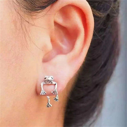 Whimsical Silver Frog Studs - Fun Gothic Punk Earrings for Distinctive Women