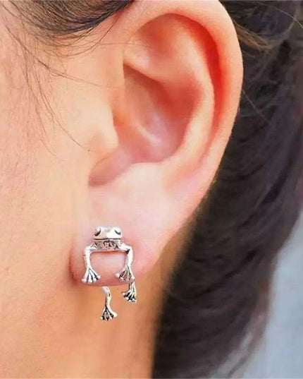 Whimsical Silver Frog Studs - Fun Gothic Punk Earrings for Distinctive Women