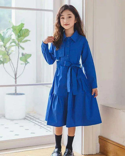 Girls' Spring Autumn Button-Up Dress in Solid Blue and Pink for Ages 6-16