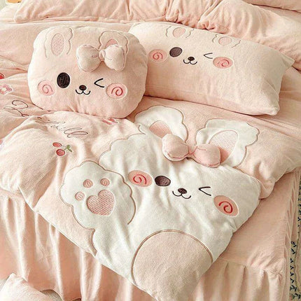 Charming Pink Bunny Applique Fleece Bedding Set - Duvet Cover, Fitted Sheet, Bed Skirt & Pillowcases
