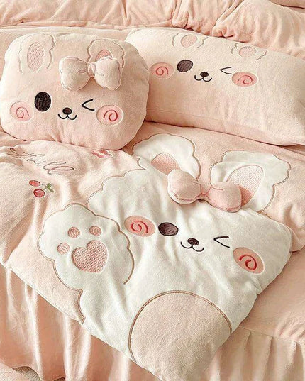 Charming Pink Bunny Applique Fleece Bedding Set - Duvet Cover, Fitted Sheet, Bed Skirt & Pillowcases