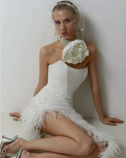 Elegant Strapless Black and White Feather Detail Bodycon Dress for Women