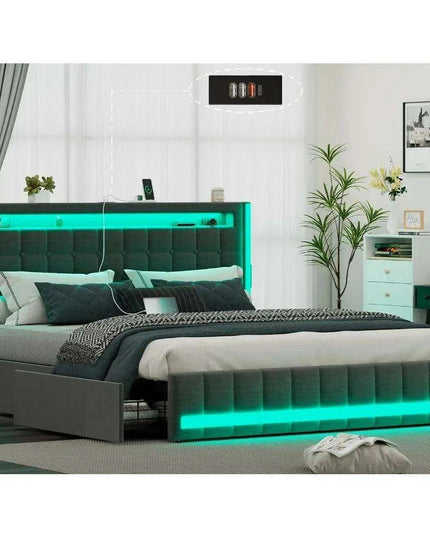 Contemporary LED Full Size Bed Frame with Built-in Storage, USB Ports, RGB Lighting, Customizable Headboard, and Music Sync Features