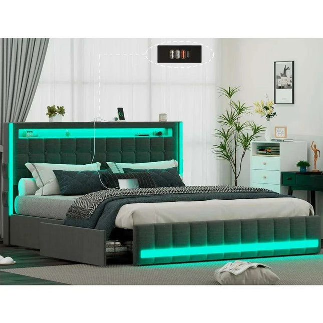 Contemporary LED Full Size Bed Frame with Built-in Storage, USB Ports, RGB Lighting, Customizable Headboard, and Music Sync Features