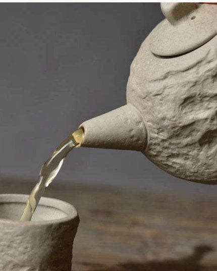 Artisanal Rustic Ceramic Teapot and Teacup Set with Hard Stone Finish