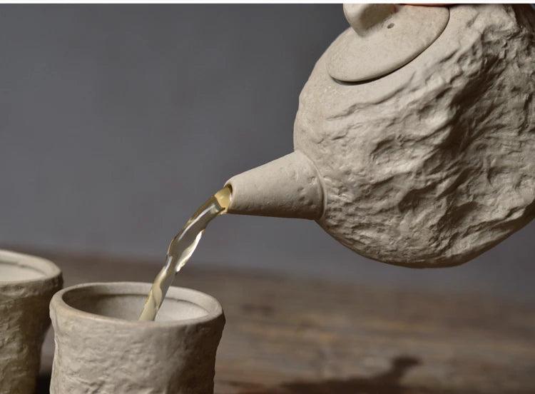 Artisanal Rustic Ceramic Teapot and Teacup Set with Hard Stone Finish