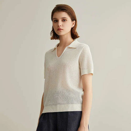 Chic Linen-Silk Blend Knitted Polo Sweater for Women