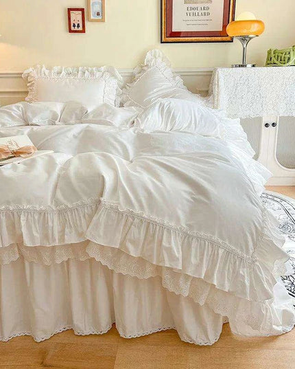 Chic White and Pink Ruffled Girls Duvet Cover Set - 100% Cotton