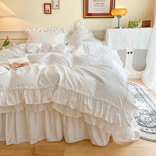 Chic White and Pink Ruffled Girls Duvet Cover Set - 100% Cotton