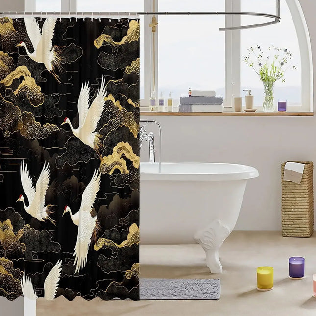 Japanese Crane Shower Curtain Oriental Golden Crane and Cloud Art Waterproof Polyester