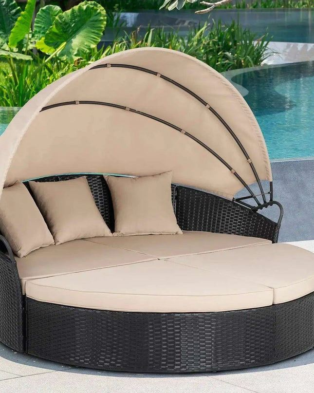 Versatile Black Wicker Round Daybed with Adjustable Canopy - Chic Outdoor Lounge Solution