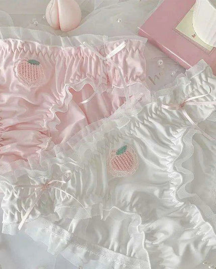Adorable Kawaii Strawberry Satin Briefs with Ruffle Flounces for Women