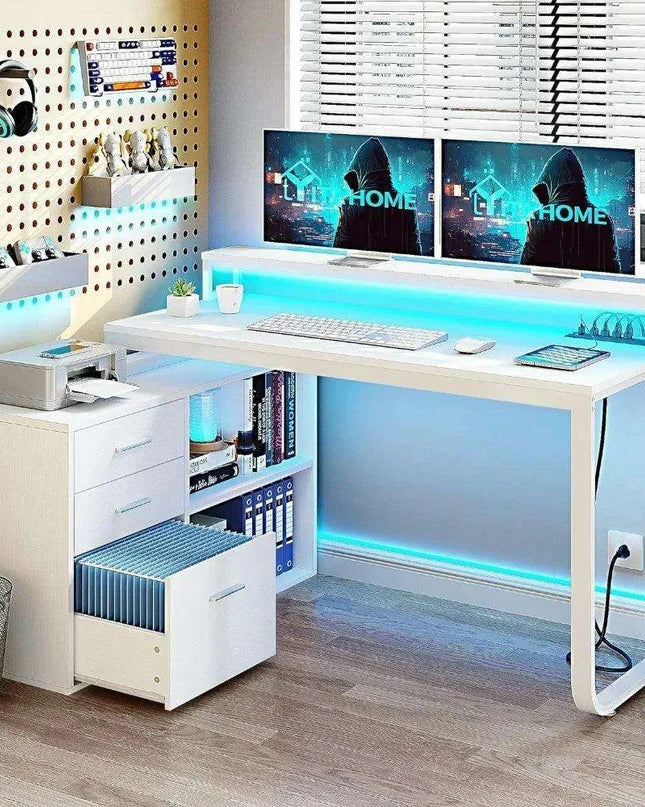 Innovative L-Shaped Office Desk with Smart LED Lighting, Ample Storage, and Built-in Charging Station