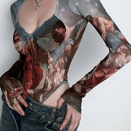 Vintage-Inspired Sheer Long Sleeve Bodysuit with Elegant Square Neckline and Bustier Detailing