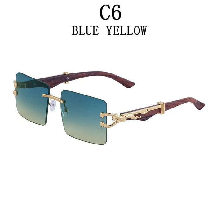 Vintage Chic Wood Grain Square Rimless Sunglasses for Stylish UV Protection