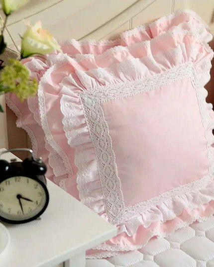 Charming Pink Satin Cushion Cover with Delicate Lace Detailing for Elegant Home Accents