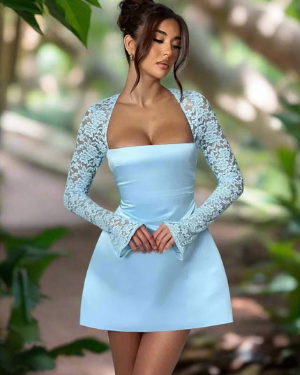 Lace-Backless A-Line Mini Dress with Long Sleeves