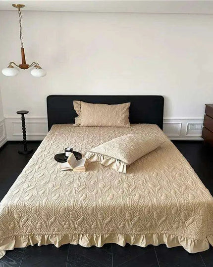 Queen Size 3-Piece Quilted Bedspread Set with Tree Leaves Motif and Pleated Trim - Soft Cotton Comfort