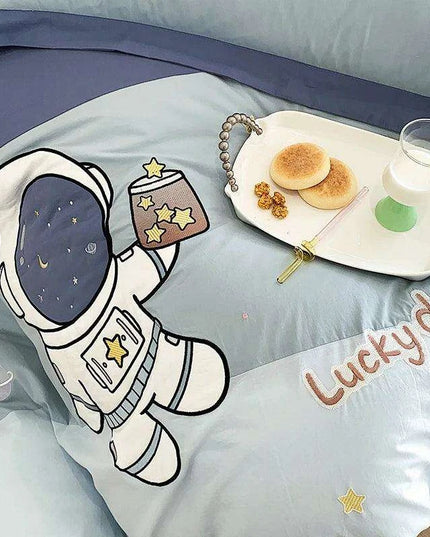 Charming Blue Cartoon Astronaut Embroidered 100% Cotton Boys Bedding Set - Single Duvet Cover, Sheet & Pillowcases - Ideal Gift for Little Explorers
