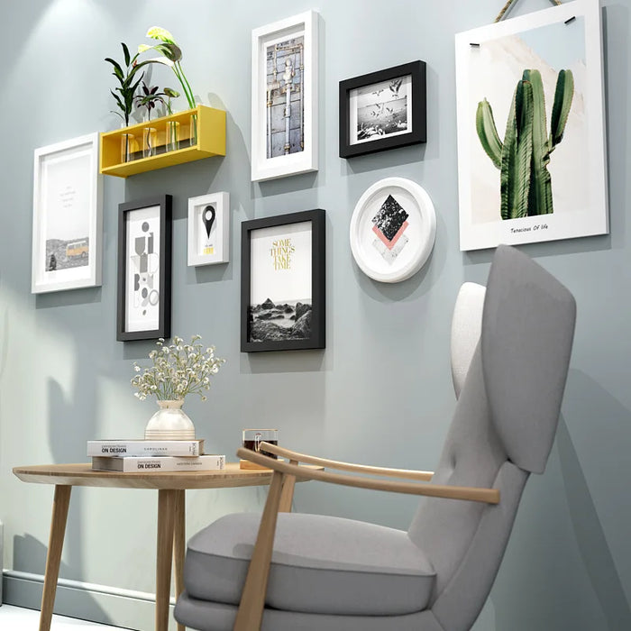 9-Piece Wooden Frame Collection with Vase Shelf - Contemporary Wall Decor