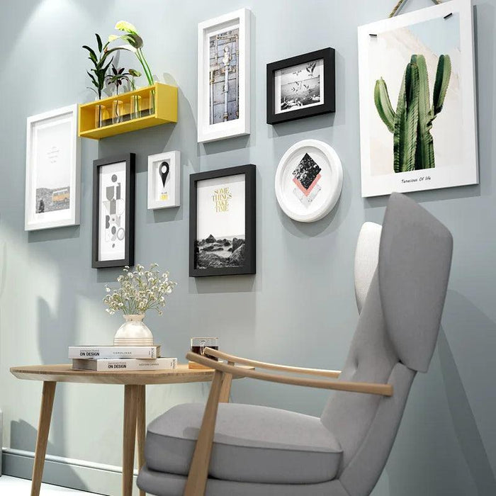 9-Piece Wood Photo Frame Set with Vase Shelf - Modern Wall Art