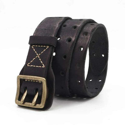 Vintage Double-Needle Buckle Men's Genuine Leather Tactical Belt – Rugged Denim Style