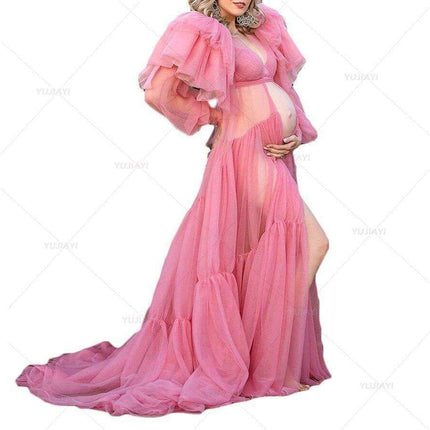 Chic Tulle Tranquility Maternity Robe: Ruffled Elegance with Layered Skirts