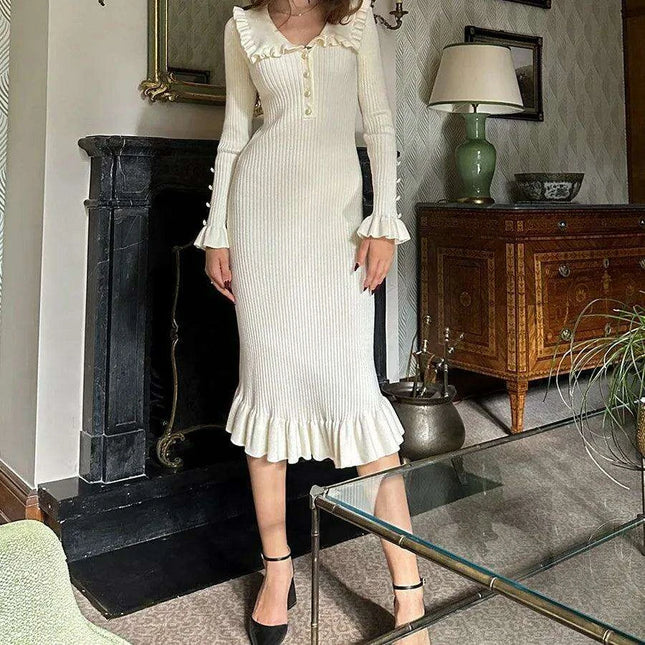 Elegant Vintage Ruffled Knit Maxi Dress - Long Sleeve Gown for Celebrations and Gatherings