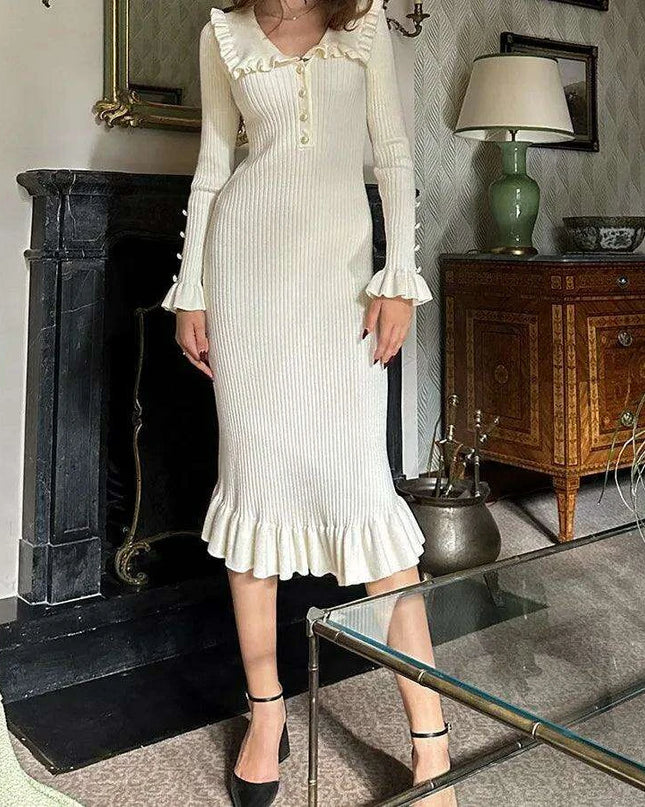 Elegant Vintage Ruffled Knit Maxi Dress - Long Sleeve Gown for Celebrations and Gatherings