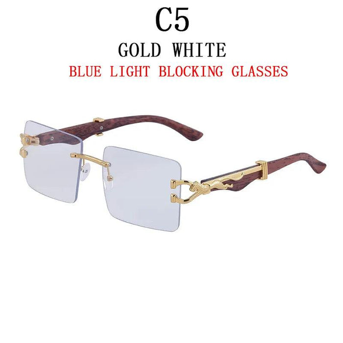 Retro Wood Grain Square Rimless Sunglasses with UV Protection