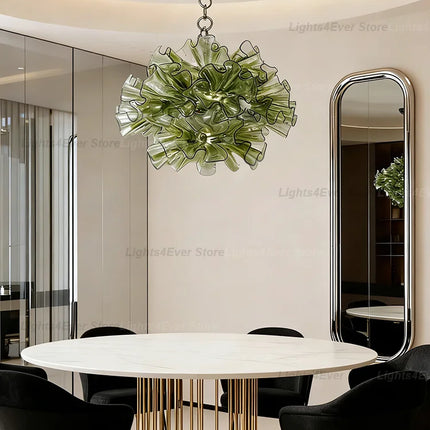 Lights4Ever Modern Green Murano Glass Chandelier - LED Dimmable, Handm