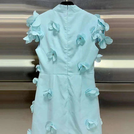 Sophisticated High Waist Appliqued Dress with Elegant Stand Collar and Short Sleeves for Women